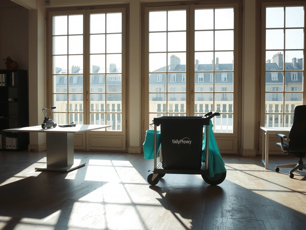 Bureau parisien tôt le matin avec chariot TidyFlowy